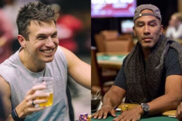Doug Polk ja Bill Perkins ovat kuvassa. Polkilla on päällään harmaa hihaton paita. Perkinsin päällä on tumma paita ja lippis.