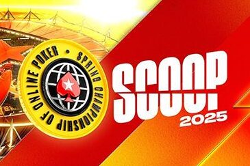 Kuvassa PokerStarsin SCOOP-logo tämän vuoden turnaussarjaan. Värimaailmassa on punaista, keltaista, valkoista ja mustaa väriä