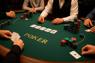 Pokeripöydässä istuu jakaja ja pelaajia. Pelaajilla on edessään eri kokoisia pelimerkkipinoja. Jakajalla on valkoinen paita.