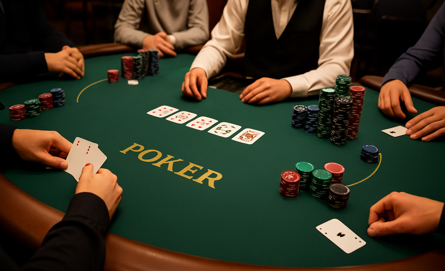 Pokeripöydässä istuu jakaja ja pelaajia. Pelaajilla on edessään eri kokoisia pelimerkkipinoja. Jakajalla on valkoinen paita.