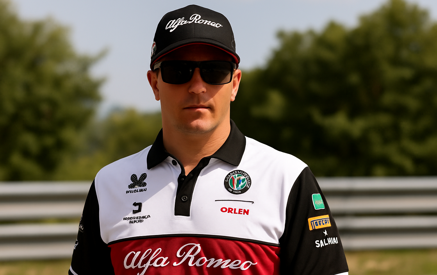 Kimi Räikkönen seisoo päässään musta lippis. Hänellä on päällään Alfa-Romeon pikeepaita. Taustalla näkyy puita ja metalliaita.