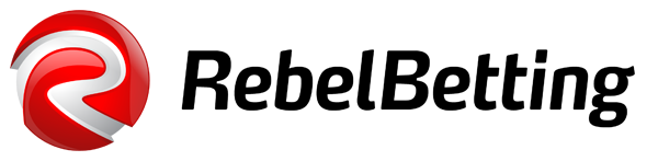 RebelBettingin logo on punainen ja musta. Taustalla on valkoiset ja harmaat pienet neliöt.