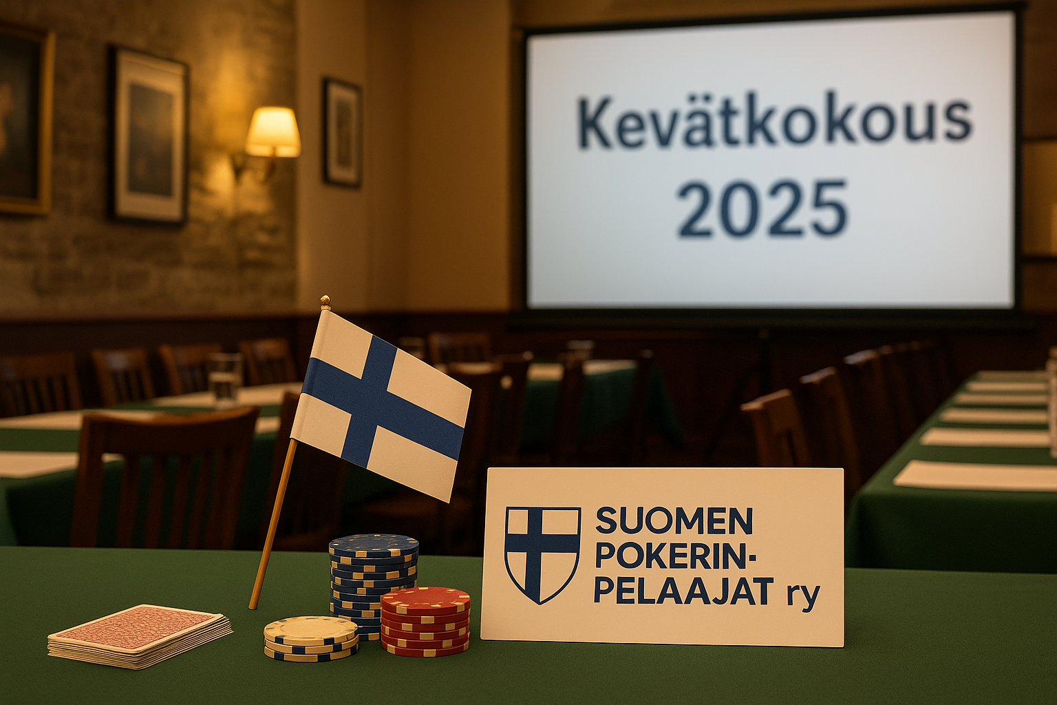 Edessä pöydällä on pokerin pelimerkkejä, korttipakka ja Suomen lippu sekä Suomen pokerinpelaajat ry:n nimi. Taustalla on pöytiä.