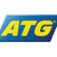Ruotsalaisen peliyhtiön ATG:n logo. Logo on keltainen ja siinä on kolme kirjainta. Taustalla on sinistä ja valkoista väriä.
