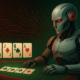 Robotti pelaa pokeria pöydän ääressä edessään neljä pelikorttia ja korttipakka.