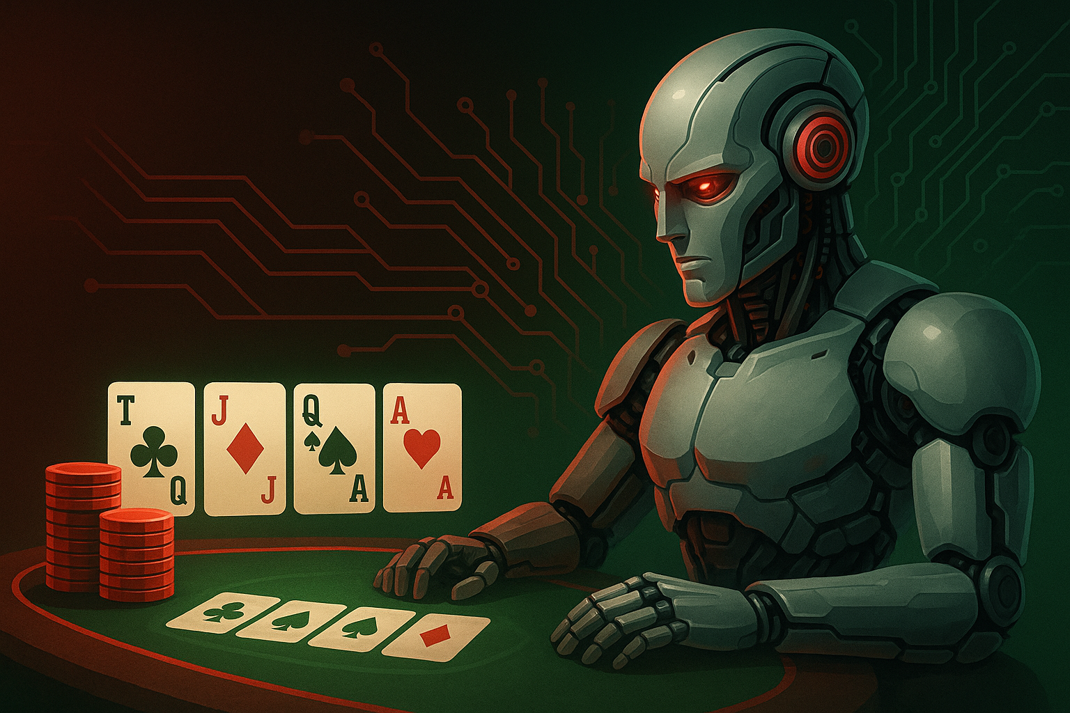 Robotti pelaa pokeria pöydän ääressä edessään neljä pelikorttia ja korttipakka.