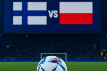 Jalkapallo vihreällä nurmella. Pallon takana kauempana on jalkapallomaali ja katsomo. Myös Suomen ja Puolan liput ovat kuvassa.