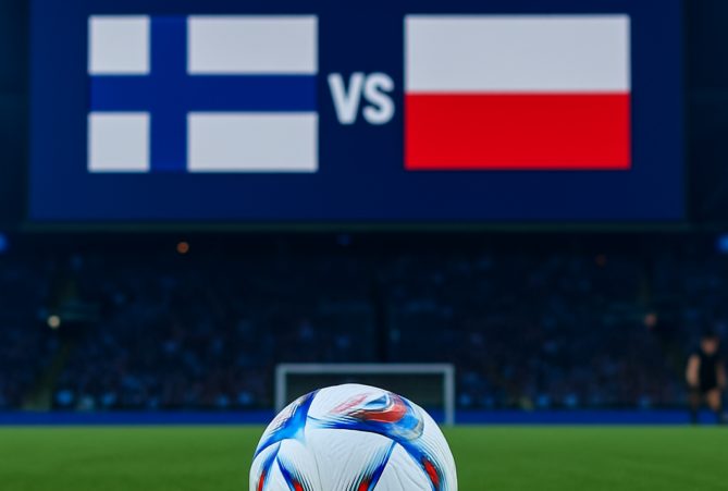 Jalkapallo vihreällä nurmella. Pallon takana kauempana on jalkapallomaali ja katsomo. Myös Suomen ja Puolan liput ovat kuvassa.