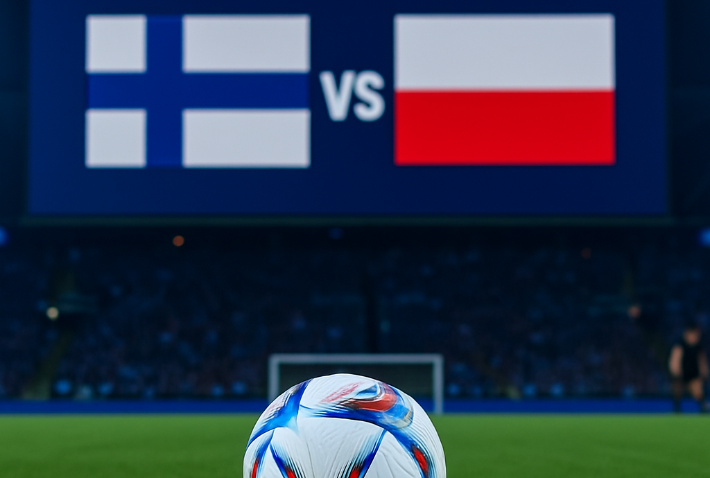 Jalkapallo vihreällä nurmella. Pallon takana kauempana on jalkapallomaali ja katsomo. Myös Suomen ja Puolan liput ovat kuvassa.