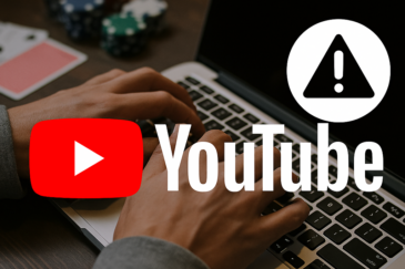 Etualalla on YouTuben logo sekä huomiomerkki. Taustalla näkyy ihmisen kädet, läppäri, pelikortit sekä pokerin pelimerkkejä.