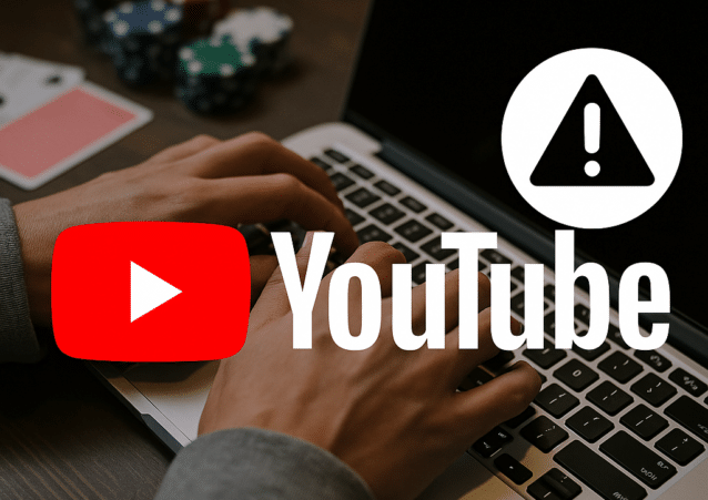 Etualalla on YouTuben logo sekä huomiomerkki. Taustalla näkyy ihmisen kädet, läppäri, pelikortit sekä pokerin pelimerkkejä.