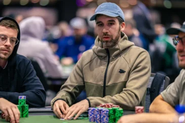 Miehet istuu pokeripöydässä. Heillä on edessään pelimerkkejä. Kahdella miehistä on päässään lippikset. Takana näkyy lisää ihmisiä.