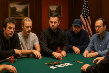 Miehet istuvat pokeripöydässä. Pöydällä on pelimerkkejä ja pelikortteja. Takana ruskealla seinällä näkyy tauluja sekä lippu.