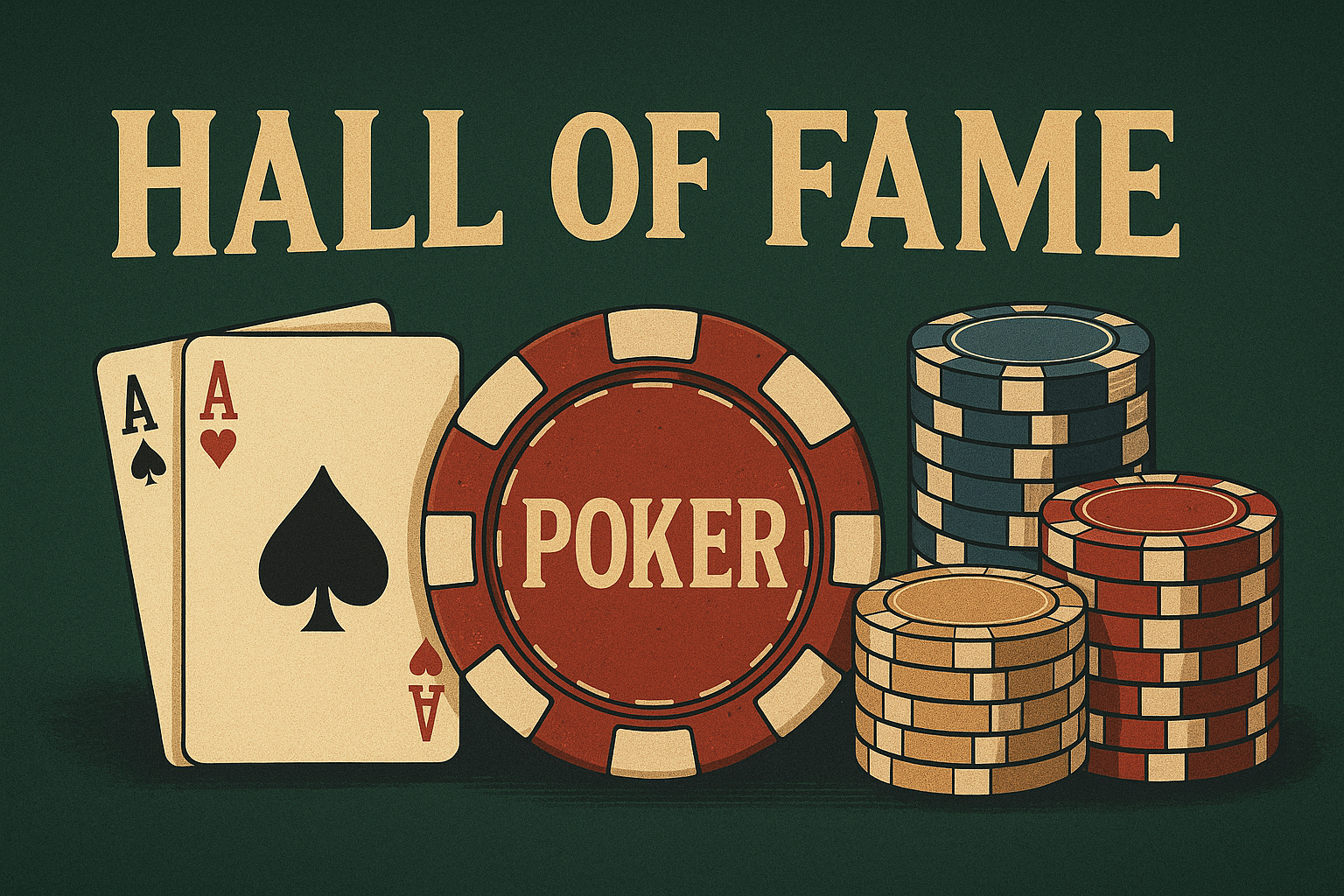 Poker Hall of Fame tekstin pelikorttien, ässäparin ja pelimerkkien päällä vihreää taustaa vasten
