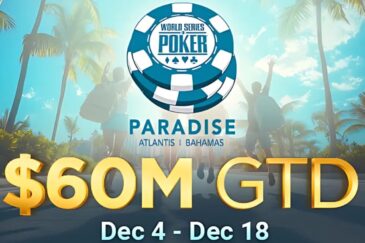 Edessä on kultaista tekstiä ja tekstin yläpuolella on World Series of Pokerin logo. Taustalla on tie, jonka vieressä on palmuja.