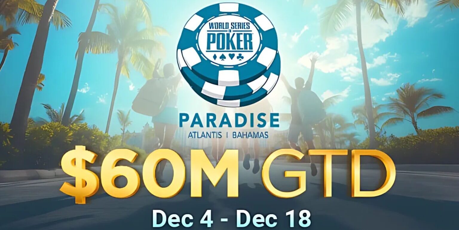 Edessä on kultaista tekstiä ja tekstin yläpuolella on World Series of Pokerin logo. Taustalla on tie, jonka vieressä on palmuja.