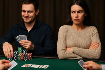 Mies ja nainen istuvat pokeripöydässä. Naisella on kädet puuskassa ja hänen ilmeensä on vihainen. Pöydällä on myös pelimerkkejä.