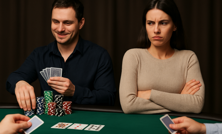 Mies ja nainen istuvat pokeripöydässä. Naisella on kädet puuskassa ja hänen ilmeensä on vihainen. Pöydällä on myös pelimerkkejä.