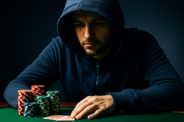 Mies istuu pokeripöydässä. Hänellä on sininen huppu päässään. Miehen käden alla on kaksi pelikorttia ja vieressä pelimerkkejä.