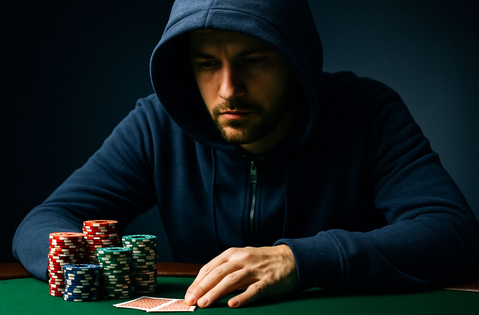 Mies istuu pokeripöydässä. Hänellä on sininen huppu päässään. Miehen käden alla on kaksi pelikorttia ja vieressä pelimerkkejä.
