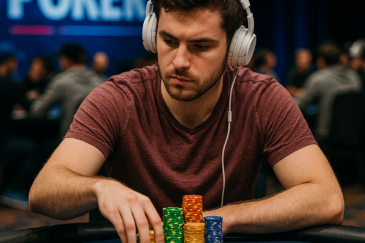 Mies istuu pokeripöydän ääressä harmaat kuulokkeet päässään ja punertavassa paidassa. Edessään hänellä on pokerimerkkejä ja kortit.