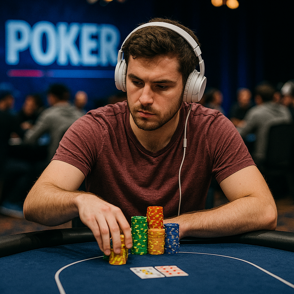 Mies istuu pokeripöydän ääressä harmaat kuulokkeet päässään ja punertavassa paidassa. Edessään hänellä on pokerimerkkejä ja kortit.