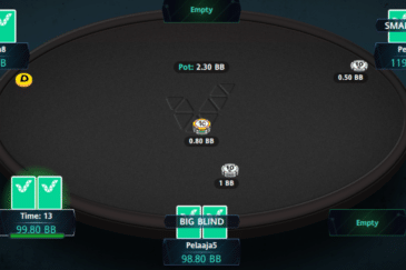 Musta internetpokeripöytä, jossa näkyy sinisten pelikorttien taustoja.