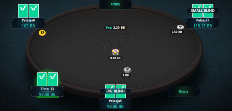 Musta internetpokeripöytä, jossa näkyy sinisten pelikorttien taustoja.