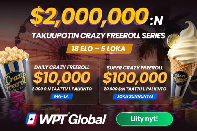 WPT Globalin jättimäisen kahden miljoonan dollarin ilmaisturnaussarjan mainostekstit popcornikulhon ja jäätelökipin välissä ruskealla taustalla
