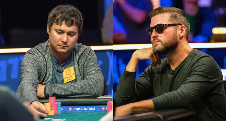 Kuva jossa on kaksi miestä. Molemmat istuvat pokeripöydässä. Toisella on aurinkolasit ja toisen edessä on pelimerkkejä.