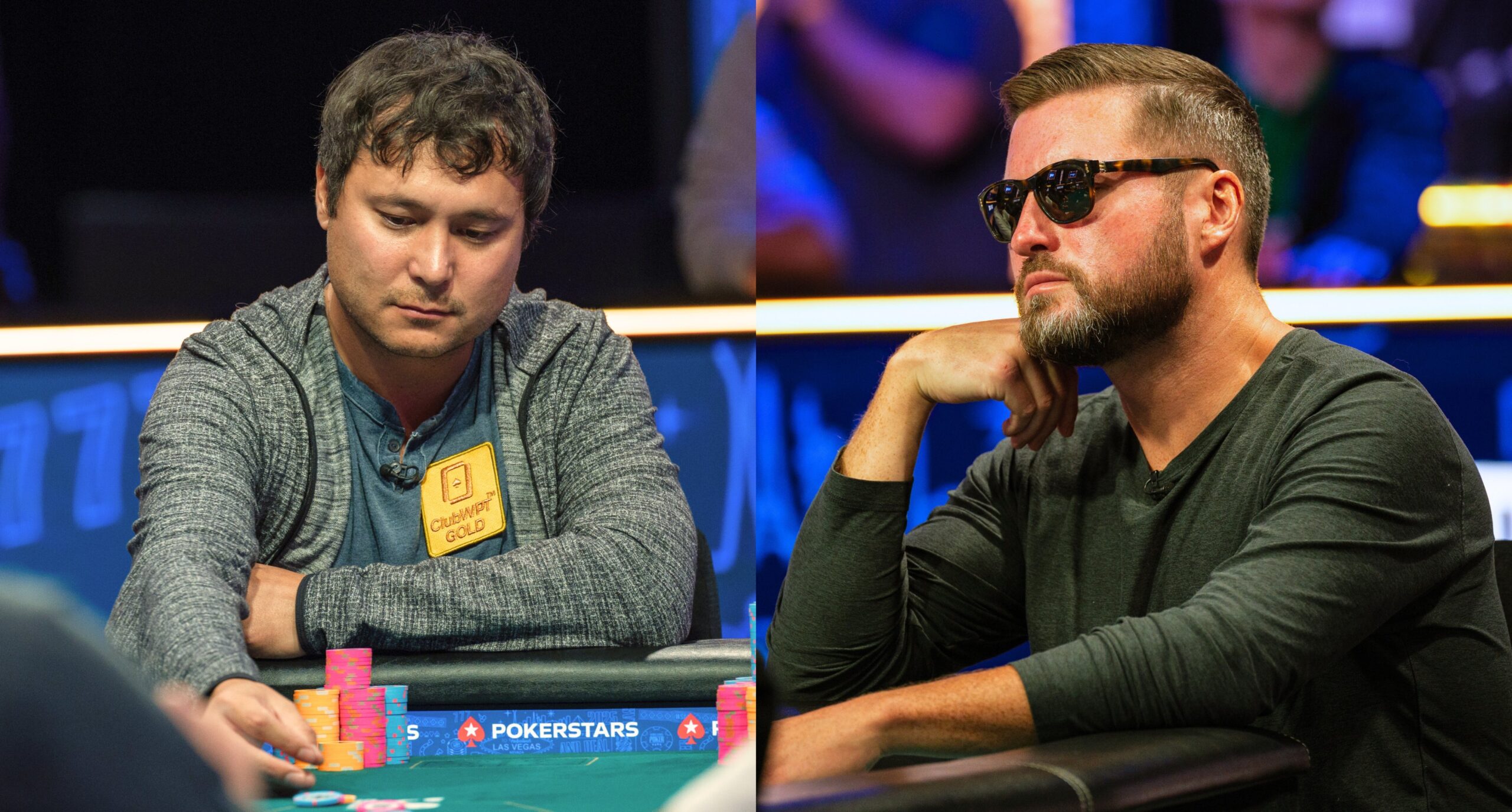 Kuva jossa on kaksi miestä. Molemmat istuvat pokeripöydässä. Toisella on aurinkolasit ja toisen edessä on pelimerkkejä.