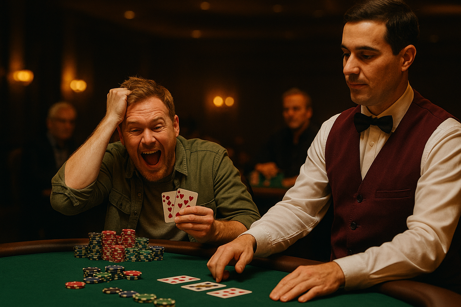 Kaksi miestä istuu pokeripöydän ääressä, toisella on vihreä paita ja toisella punainen liivi. Taustalla näkyy kaksi muuta miestä.
