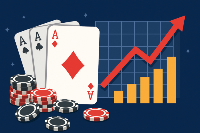 Kuvassa on pelikortteja, kasa pelimerkkjeä ja pylväsdiagrammi joka kuvaa pokerialan kasvua