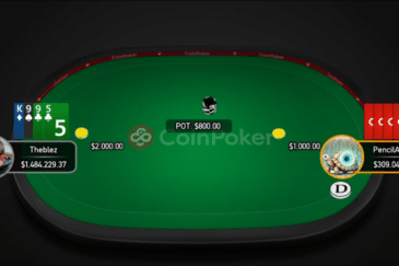 Vihreä internetpokeripelipyötä, jossa istuu kaksi pelaajaa. Tausta on musta. Molemmilla on kortit edessään.