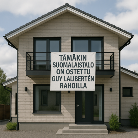 Kuvassa on valkoinen kaksikerroksinen talo, josta roikkuu valkoinen liina. Liinassa on mustaa tekstiä, taivaalla on pilviä.