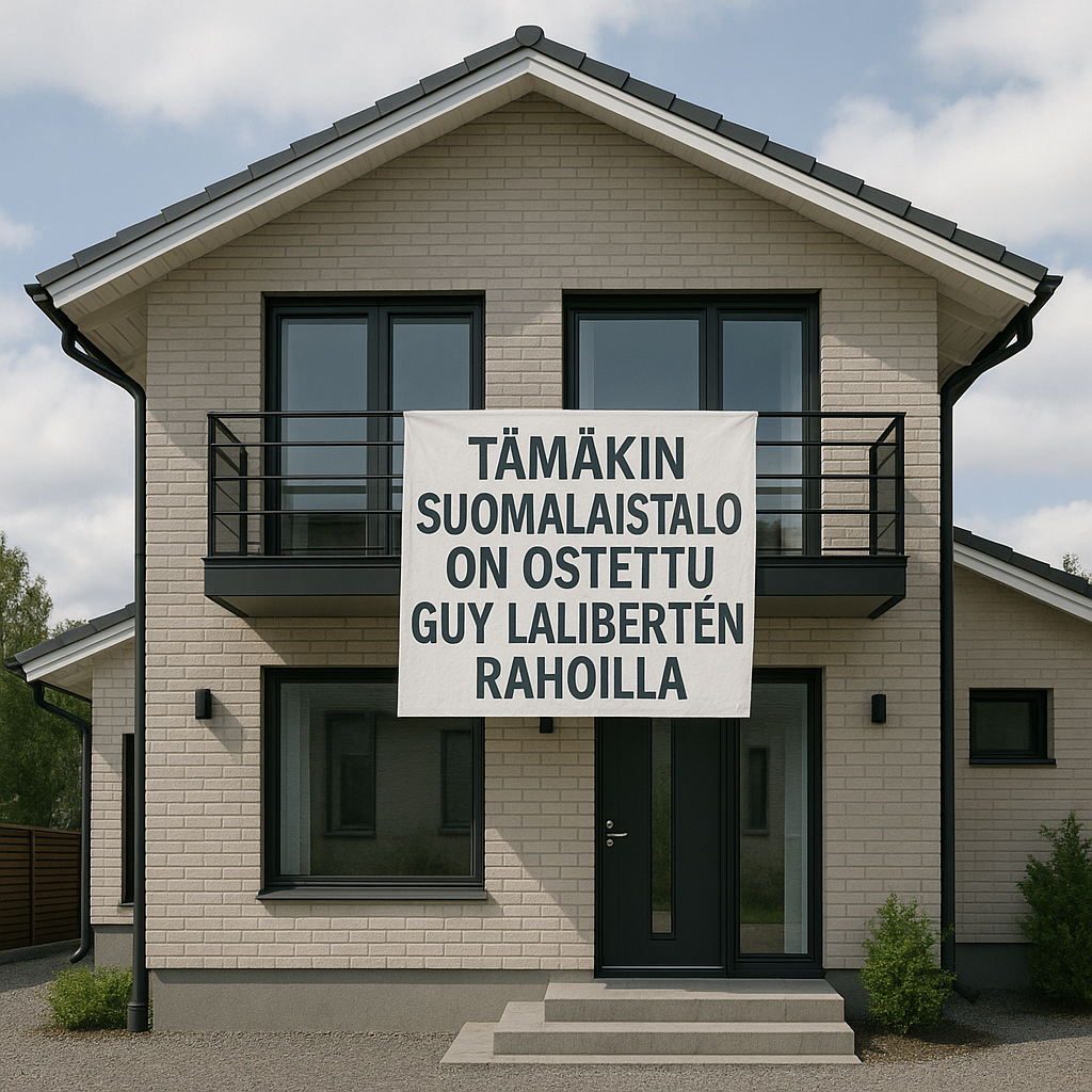 Kuvassa on valkoinen kaksikerroksinen talo, josta roikkuu valkoinen liina. Liinassa on mustaa tekstiä, taivaalla on pilviä.