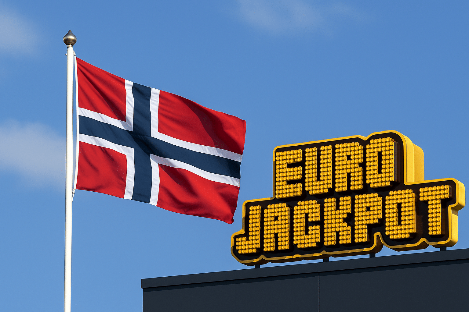 Kuvassa Norjan lippu ja Eurojackpot-logi sinistä taivasta vasten