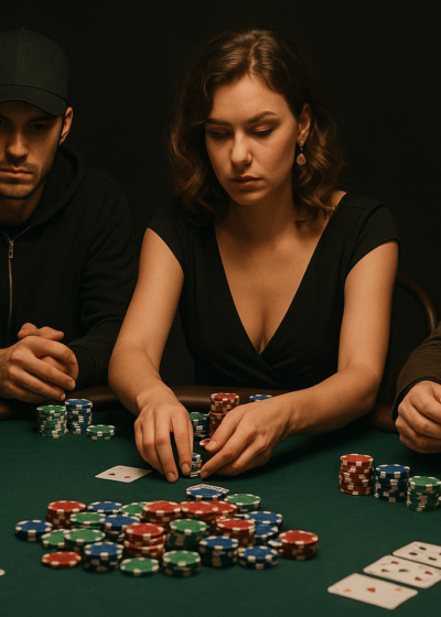 Kolme miestä ja nainen istuu pokeripöydän ympärillä. Kaikilla on vakavat ilmeet. Pöydällä on pelimerkkejä ja pelikortteja.