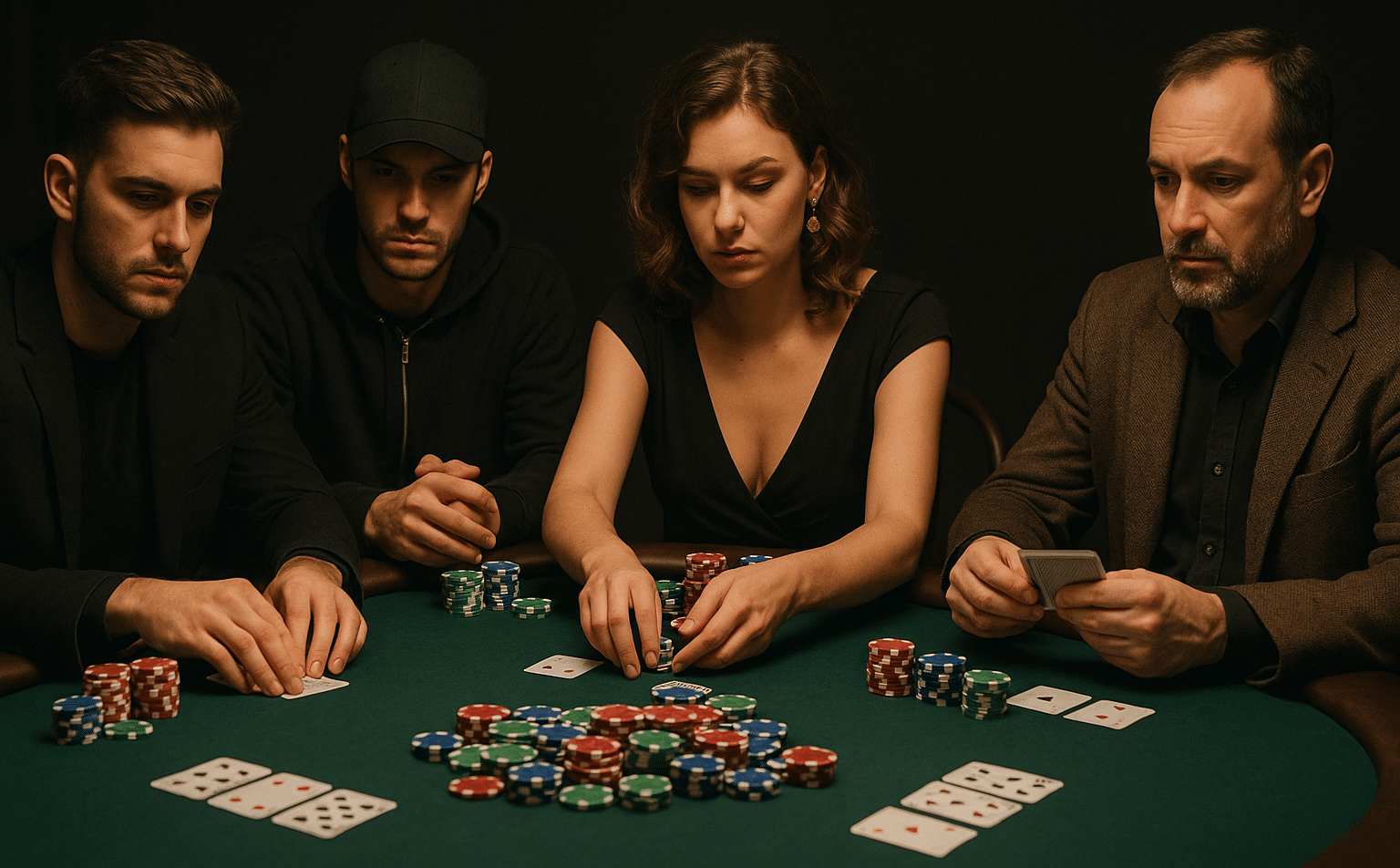 Kolme miestä ja nainen istuu pokeripöydän ympärillä. Kaikilla on vakavat ilmeet. Pöydällä on pelimerkkejä ja pelikortteja.