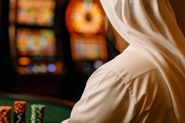 Sheikki seisooo selin katsoen pelikoneisiin