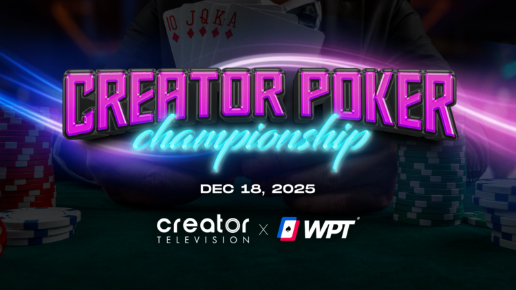 Kuvassa on näyttävä mainosbanneri tulevalle "Creator Poker Championship" -pokeriturnaukselle. Bannerin mukaan tapahtumapäivä on 18. joulukuuta 2025. Visuaalinen ilme on moderni ja dynaaminen, ja sitä hallitsevat kirkkaat pinkin ja sinisen neonvalot. Taustalla näkyy pelaaja, joka pitelee kädessään kuningasvärisuoraa – parasta mahdollista pokerikättä. Alareunan logot kertovat, että tapahtuman järjestävät yhteistyössä Creator Television ja World Poker Tour (WPT), mikä viittaa korkeatasoiseen ja ammattimaiseen tuotantoon. Nimi "Creator Poker Championship" antaa ymmärtää, että turnaus on suunnattu erityisesti sisällöntuottajille, kuten YouTube- ja Twitch-tähdille.