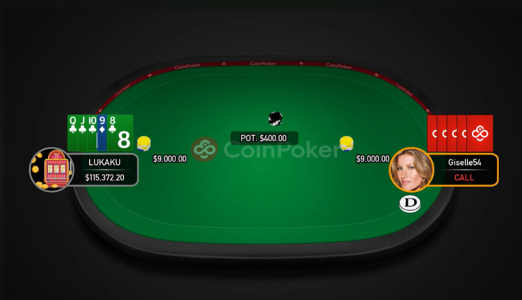 Kuvassa on kuvakaappaus CoinPoker-nettipokerisivuston pelipöydästä, jossa on käynnissä kahden pelaajan välinen käsi (heads-up). Vasemmalla istuu pelaaja nimimerkillä LUKAKU, jolla on huomattavan suuri, yli 115 000 dollarin pelikassa. Hänen neljä korttiaan ovat näkyvissä: pata Q, J, 10 ja 9, mikä viittaa vahvasti Pot-Limit Omaha -pelimuotoon. Oikealla puolella on pelaaja Giselle54, jolla on 9 000 dollarin pelikassa ja jakajan merkki (D) edessään. Hänen korttinsa ovat kuvapuoli alaspäin, ja toimintavuoro on hänellä, kuten korostettu "CALL" (Maksa) -painike osoittaa. Pöydän keskellä olevan potin koko on 400 dollaria.