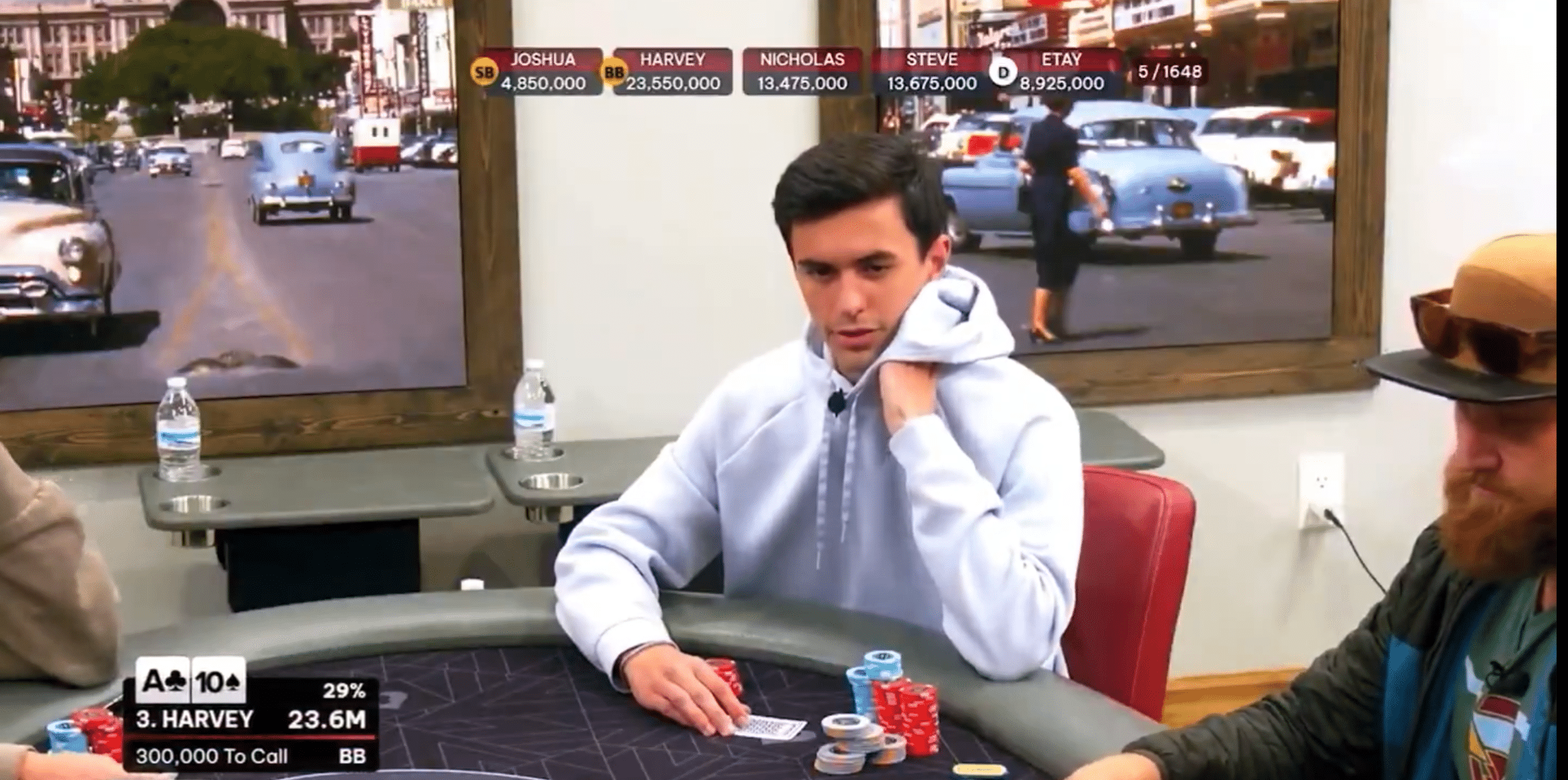Kuvassa on nuori pokerinpelaaja nimeltä Harvey, joka on keskittynyt tiukasti käynnissä olevaan pokerikäteen. Kuva on peräisin televisioidusta tai suoratoistetusta pelistä. Harvey, pukeutuneena vaaleanharmaaseen huppariin, istuu mietteliäänä ja nojaa poskeaan käteensä. Kuvan vasemmassa alareunassa oleva grafiikka paljastaa hänen kätensä olevan pata-ässä ja patakymppi (A♠ 10♠) ja hänen voittotodennäköisyytensä olevan 29%. Grafiikka näyttää myös, että hänen pitäisi maksaa 300 000 jatkaakseen pelissä. Taustalla on mielenkiintoisena yksityiskohtana suuria, kehystettyjä kuvia vanhoista 1950-luvun autoista katunäkymässä. Tunnelma pöydässä on jännittynyt ja keskittynyt.