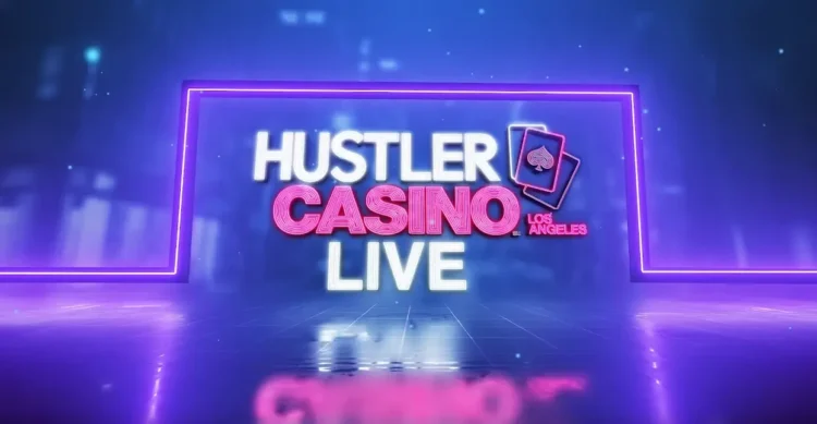 Sininen alusta heijastaa Husler Casino Liven logoa. Logo on väriltään vaalkoinen ja vaaleanpunainen. Tausta on sininen ja tumma.