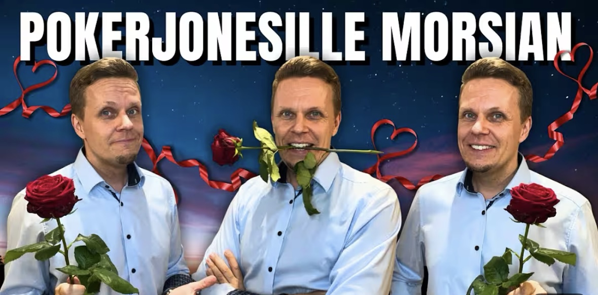 Joni Liimatta on kuvassa kolme kertaa kauluspaidassa ja ruusut kädessään, ylhäällä teksti "Pokerjonesille morsian"