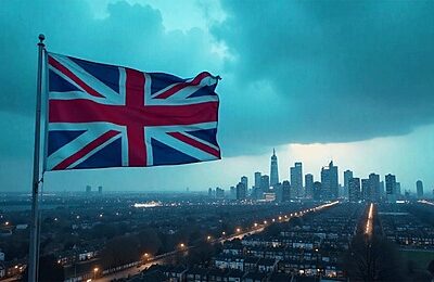 Kuvassa on dramaattinen ja elokuvallinen näkymä, jossa Ison-Britannian lippu, Union Jack, liehuu voimakkaasti lipputangossa kuvan vasemmassa laidassa. Taustalla siintää suuren kaupungin, todennäköisesti Lontoon, moderni siluetti täynnä pilvenpiirtäjiä. Etualalla, kaupungin ja kukkulan välissä, levittäytyy laaja esikaupunkialue suorine katuineen ja rivitaloineen. Koko näkymä on kylvetty viileään, sinertävään valoon, ja tumma, myrskyisän näköinen pilviverho luo kuvaan voimakkaan ja jopa aavistuksen melankolisen tunnelman. Kuva luo vaikuttavan kontrastin lähiöelämän ja taustalla kohoavan metropolin välille.