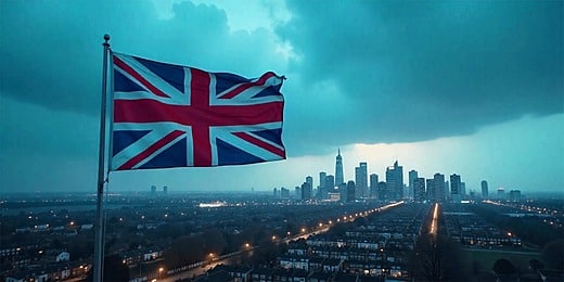 Kuvassa on dramaattinen ja elokuvallinen näkymä, jossa Ison-Britannian lippu, Union Jack, liehuu voimakkaasti lipputangossa kuvan vasemmassa laidassa. Taustalla siintää suuren kaupungin, todennäköisesti Lontoon, moderni siluetti täynnä pilvenpiirtäjiä. Etualalla, kaupungin ja kukkulan välissä, levittäytyy laaja esikaupunkialue suorine katuineen ja rivitaloineen. Koko näkymä on kylvetty viileään, sinertävään valoon, ja tumma, myrskyisän näköinen pilviverho luo kuvaan voimakkaan ja jopa aavistuksen melankolisen tunnelman. Kuva luo vaikuttavan kontrastin lähiöelämän ja taustalla kohoavan metropolin välille.