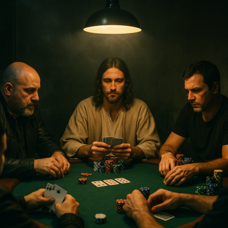 Pokeripöydän ääressä istuu useita miehiä, keskimmäisellä on ruskea kaapu ja pitkät ruskeat hiukset, tausta on musta.