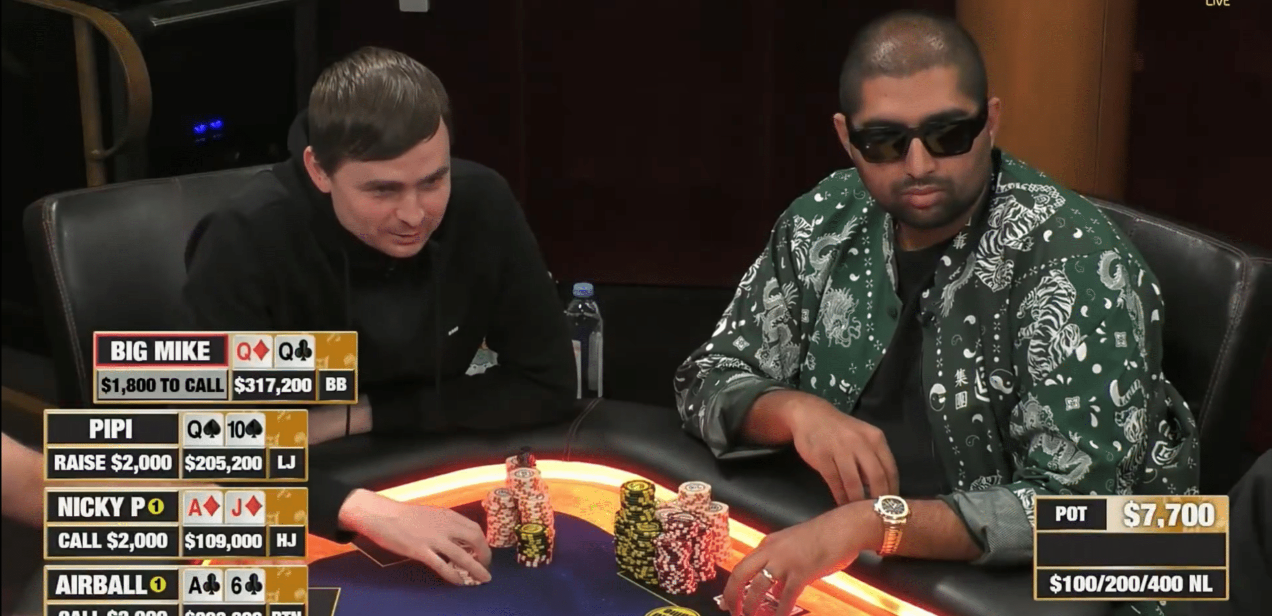 Kuvassa on ruutukaappaus korkeiden panosten pokerin käteispelistä, joka on selvästi peräisin suorasta lähetyksestä. Kaksi pelaajaa on keskiössä: oikealla aurinkolaseihin ja kuviolliseen vihreään paitaan pukeutunut mies katsoo rauhallisesti pöytään, ja vasemmalla mustahupparinen pelaaja nojaa eteenpäin uteliaan näköisenä. Pöydällä on suuria pelimerkkipinoja, ja potin kooksi ilmoitetaan 7 700 dollaria. Kuvan vasemman reunan grafiikka paljastaa katsojille erittäin jännittävän tilanteen näyttämällä neljän pelaajan kortit, mukaan lukien kuningatarparin, ässä-kympin ja muiden vahvojen käsien. Tunnelma on latautunut ja panokset ovat kovat.