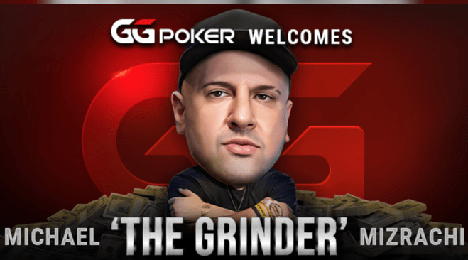 Michael "Grinder" Mizrachin piirretty hahmo on keskellä. Hahmolla on vakava ilme. Takana on punainen tausta, jossa lukee GG.